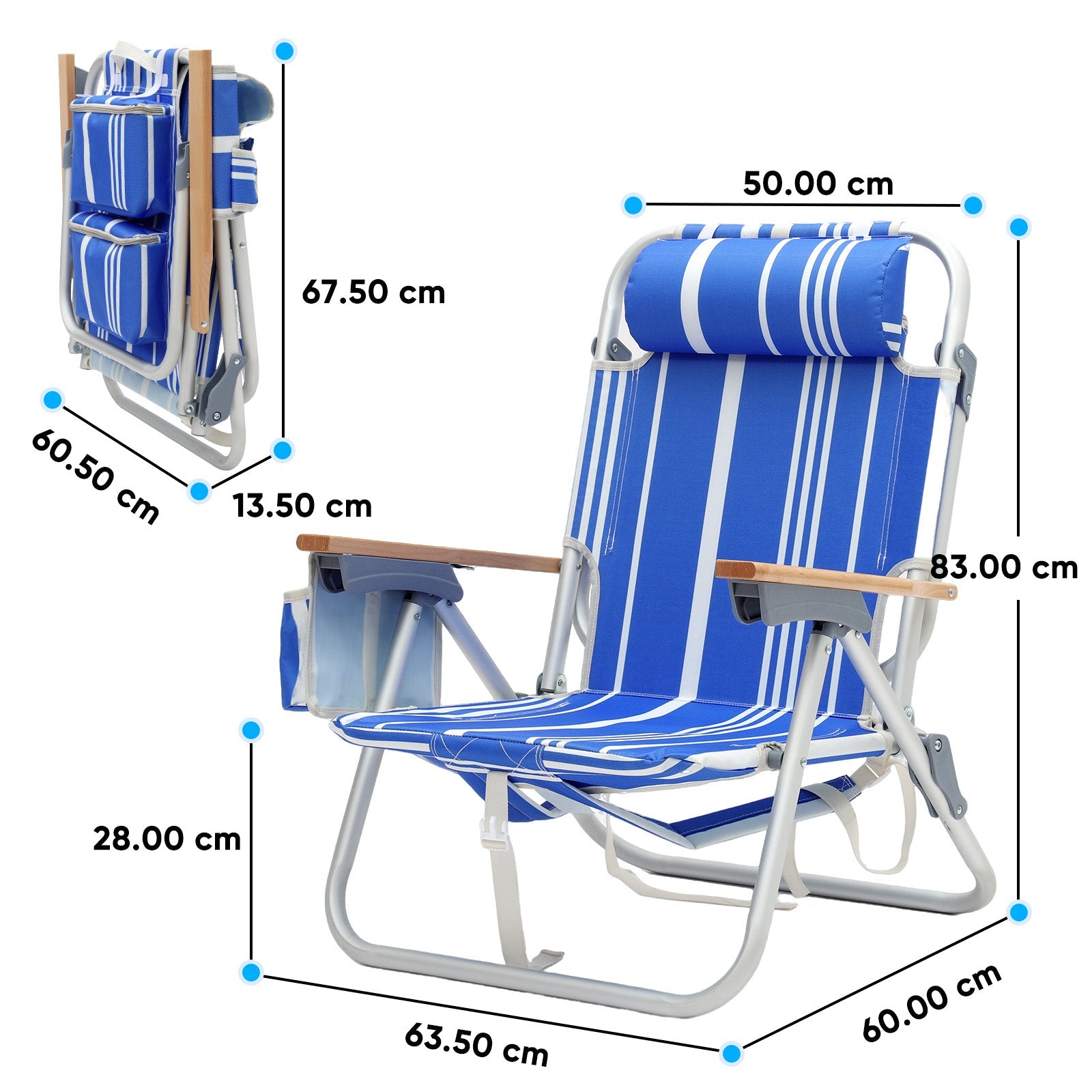 Sekey Faltbarer Aluminium-Strandstuhl mit verstellbarer Rückenlehne & Teakholz-Armlehnen – mit Kühltasche & Zubehör Sekey