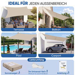 Sunula Sonnensegel wasserdicht Quadratisch – PES 160g/m² mit heißversiegelter Naht, UV-Schutz 95% UPF50+, reißfest & wetterfest mit Edelstahl-D-Ringen für Balkon, Terrasse & Garten (Taupe)