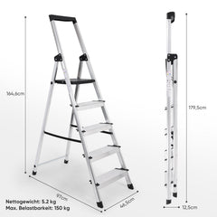 Sekey Aluminium Trittleiter 4/5 Stufen – Klappbar, Rutschfest, Mit Werkzeugablage, TÜV EN131-2, 140/160 cm, Bis 150 kg, Für Haushalt, Garage & Garten