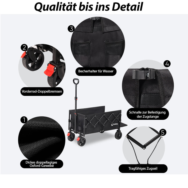 Sunula Faltbarer Bollerwagen 3025 mit Verlängerter Ladefläche, 150 kg Tragkraft, Extra Lang, Mit Bremse, Getränkehaltern & Geländereifen – Für Strand, Camping, Garten, Einkauf Sunula