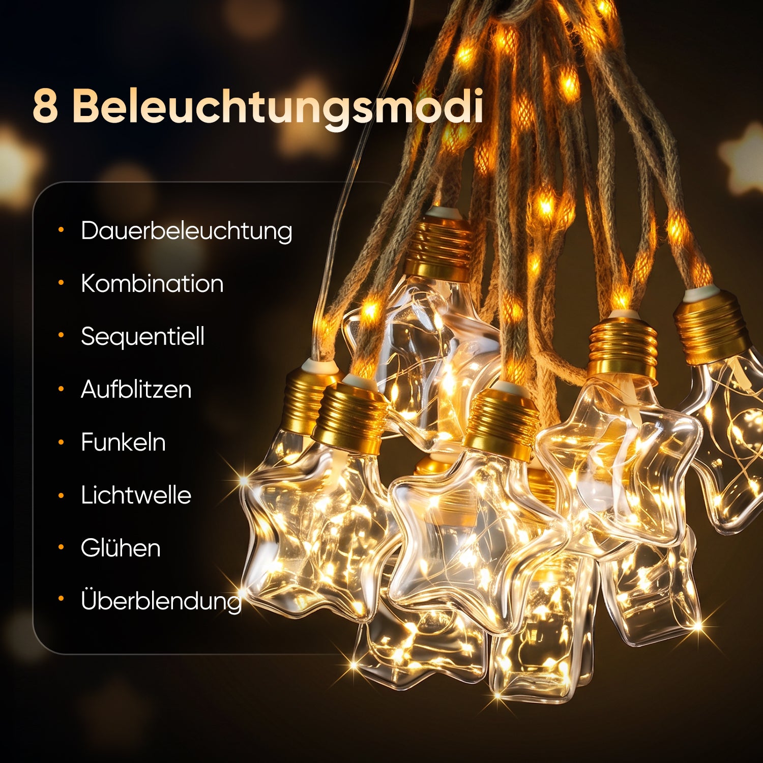 Warmweiße LED Solar Lichterkette mit 8 Beleuchtungsmodi und 4 Helligkeitsstufen