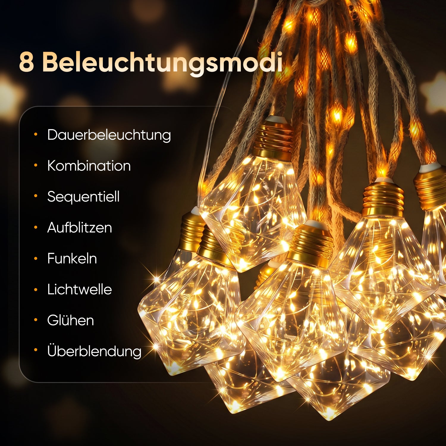 Warmweiße LED Solar Lichterkette mit 8 Beleuchtungsmodi und 4 Helligkeitsstufen