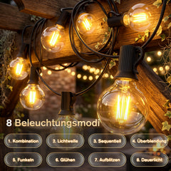 Warmweiße G40 Solar Lichterkette mit 8 Lichtmodi und 4 Helligkeitsstufen