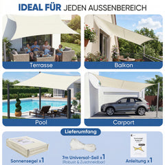 Sunula Sonnensegel wasserdicht Rechteckig – PES 160g/m² mit heißversiegelter Naht, UV-Schutz 95% UPF50+, reißfest & wetterfest mit Edelstahl-D-Ringen für Balkon, Terrasse & Garten (Creme)