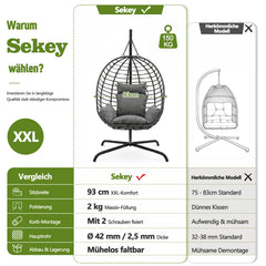 Sekey Hängesessel mit Gestell – Klappbarer Hängekorb aus PE-Rattan, Hängestuhl mit Sitz- & Kopfkissen, bis 150 kg belastbar, für Garten, Balkon, Terrasse & Wohnzimmer