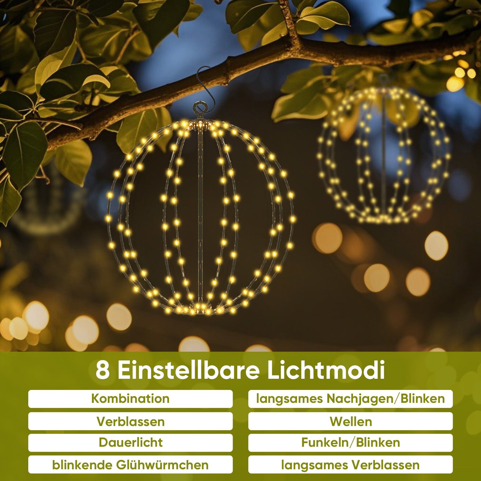 Salcar Solar LED Kugel Lichterkette warmweiß – 30 cm Ø mit 120 LEDs, 8 Modi & Fernbedienung, USB & Solar, IP44 wasserdicht, für Garten & Weihnachten Salcar