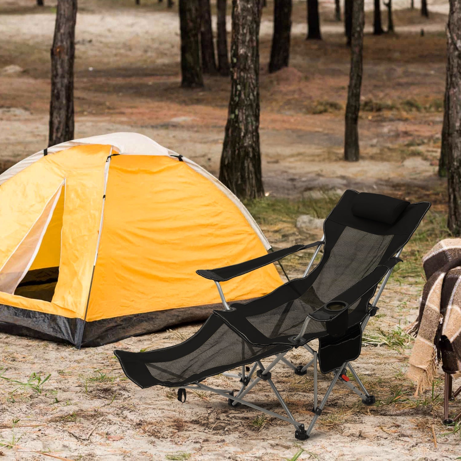 Sunula Klappbarer Campingstuhl, Liegestuhl 2-in-1, Belastbar bis 100 kg, Abnehmbare Fußablage, Getränkehalter, Tragetasche, Leicht, Verstellbare Rückenlehne, Für Angeln, Strand, Camping, Garten, Outdoor Sekey