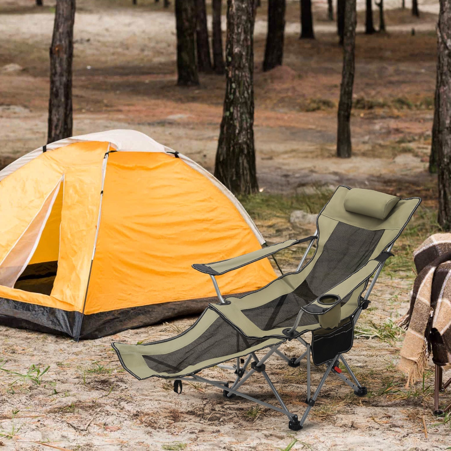 Sunula Klappbarer Campingstuhl, Liegestuhl 2-in-1, Belastbar bis 100 kg, Abnehmbare Fußablage, Getränkehalter, Tragetasche, Leicht, Verstellbare Rückenlehne, Für Angeln, Strand, Camping, Garten, Outdoor Sekey