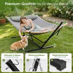 Sekey Hängemattengestell mit Doppelhängematte – Hängematte mit Gestell für 2 Personen, mit Kissen, bis 200 kg belastbar, für Garten, Balkon & Outdoor