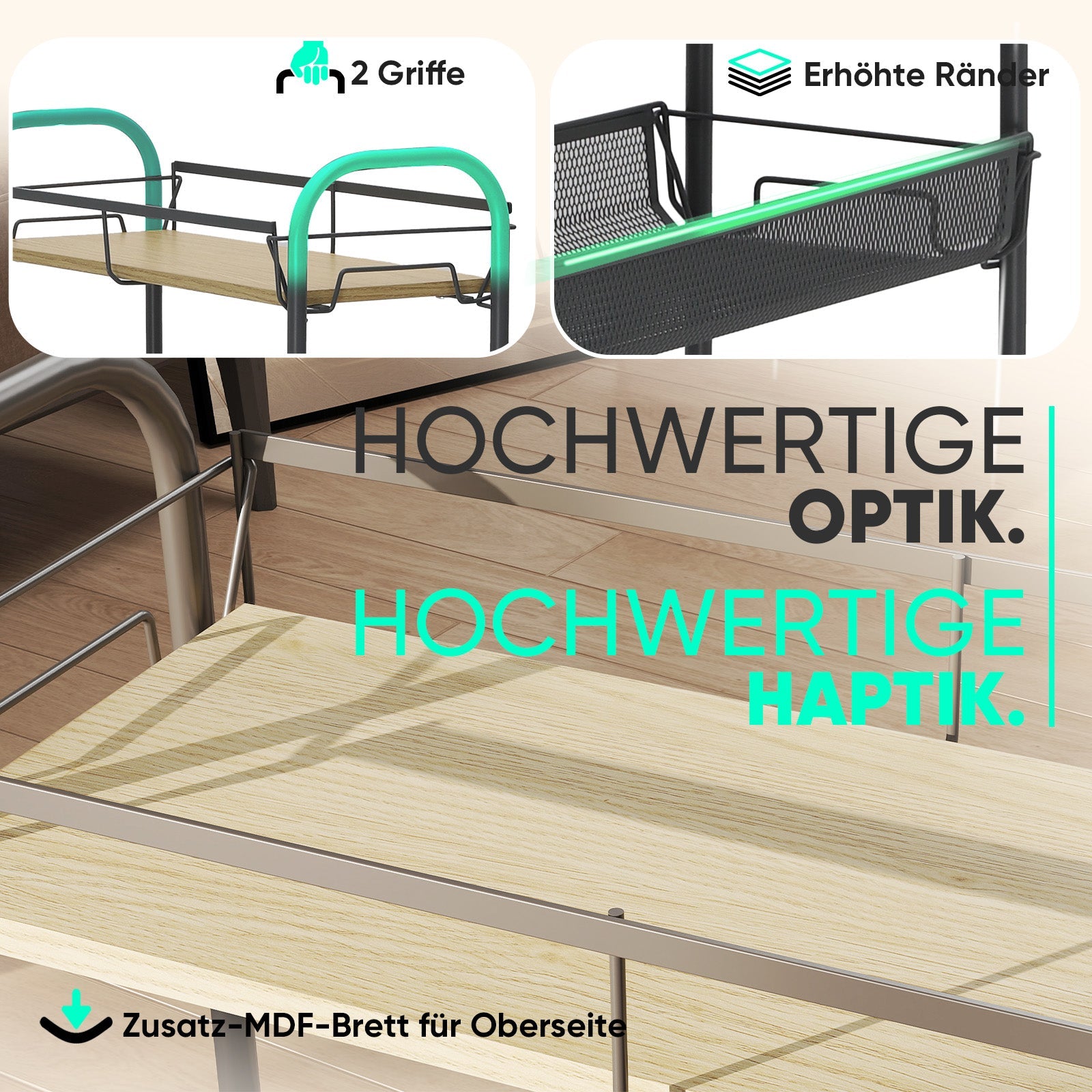 Sekey Rollwagen mit 4 Ebenen – Küchenwagen & Nischenregal auf Rollen, Stahl mit rostfester Lackierung & MDF-Oberplatte, 360°-Räder mit Griff, werkzeugloser Aufbau, platzsparender Aufbewahrungswagen für Küche, Bad & kleine Räume – Dunkelgrau Sekey
