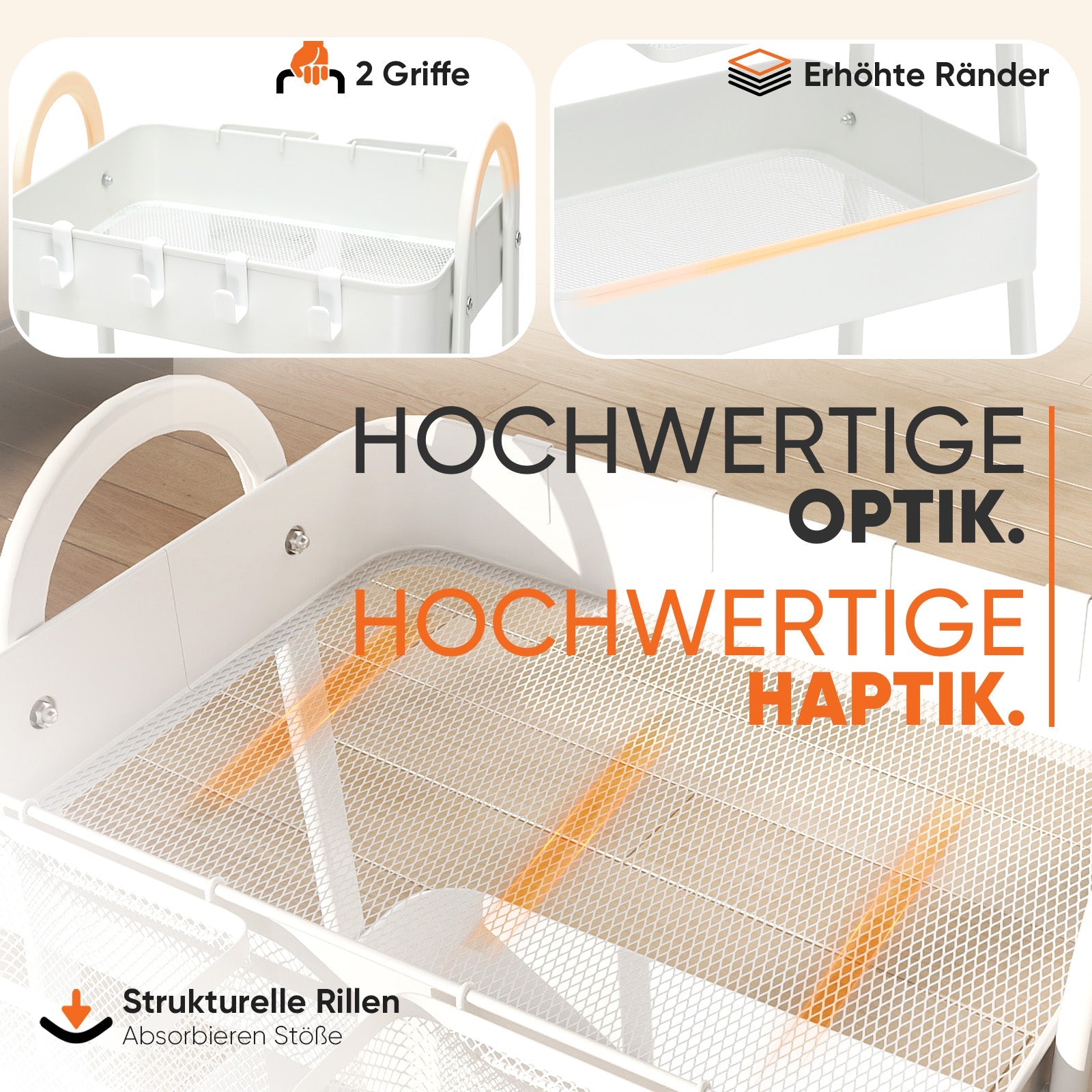 Sekey Rollwagen mit 3 Ebenen – Küchenwagen aus Stahl mit rostfester Lackierung, 2 Hängekörben & 4 Haken, 360°-Rollen mit Bremse, ergonomischem Griff, bis 30 kg belastbar, vielseitiger Servierwagen für Küche, Bad, Büro & mehr – Weiß Sekey