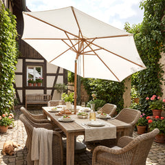 Sekey Sonnenschirm Ø300 cm in Holzoptik – mit Auto-Kippfunktion, 180g/m² Polyester UV50+, Eisenmast 48 mm & 8 Stahlstreben, großer Gartenschirm für Balkon, Terrasse & Garten