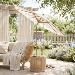 Sekey Sonnenschirm Ø300 cm in Holzoptik – mit Auto-Kippfunktion, 180g/m² Polyester UV50+, Eisenmast 48 mm & 8 Stahlstreben, großer Gartenschirm für Balkon, Terrasse & Garten