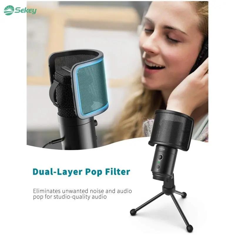 Fifine K683A USB Kondensator Mikrofon mit Ständer, Popfilter, Stummschalttaste und Kopfhörerbuchse Sekey