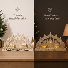 Salcar LED Schwibbogen aus Holz, 3D Weihnachtsdeko mit Fachwerkhäusern, Turm & Tannen, 10 warmweiße LEDs, batteriebetriebener Lichterbogen für Fensterbank & Sideboard