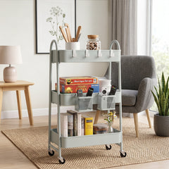 Sekey Rollwagen Küche 30 cm – Schmaler Servierwagen aus Metall mit Rollen, 3 Ablagen, 2 Metallkörben & 4 Haken
