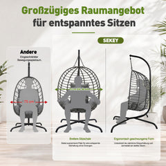 Sekey Hängesessel mit Gestell – Klappbarer Hängekorb aus PE-Rattan, Hängestuhl mit Sitz- & Kopfkissen, bis 150 kg belastbar, für Garten, Balkon, Terrasse & Wohnzimmer