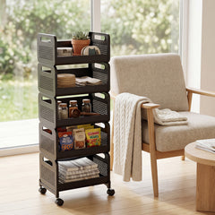 SekeyRollwagen schwarz 25 cm breit, Küchenwagen mit 4 oder 5 Ebenen, Servierwagen mit Rollen, Metall Aufbewahrungsregal, flexibel einstellbar, 360° Rollen mit Bremse