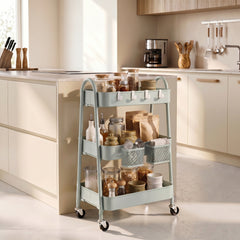 Sekey Rollwagen Küche 30 cm – Schmaler Servierwagen aus Metall mit Rollen, 3 Ablagen, 2 Metallkörben & 4 Haken