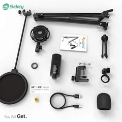 Fifine USB Kondensator Mikrofon mit Arm, Popfilter und Shock Mount, T669 Sekey