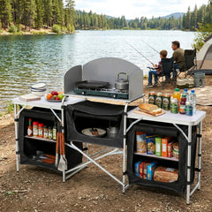 Sekey XXL Campingtisch & Campingschrank Faltbar – Campingküche mit Aluminiumgestell, Windschutz, Arbeitsfläche & 5 Staufächern, Tragbar und Zusammenklappbar