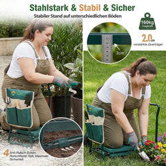Sekey Höhenverstellbare Kniebank für Gartenarbeit Belastbarkeit 160KG, Gartenhocker Klappbar mit Werkzeugtaschen, Knie Komfort Garten, Grün