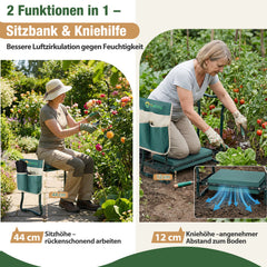 Sekey Höhenverstellbare Kniebank für Gartenarbeit Belastbarkeit 160KG, Gartenhocker Klappbar mit Werkzeugtaschen, Knie Komfort Garten, Grün