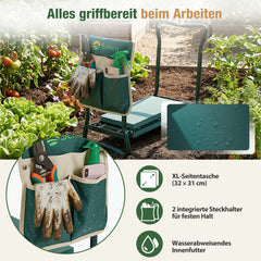 Sekey Höhenverstellbare Kniebank für Gartenarbeit Belastbarkeit 160KG, Gartenhocker Klappbar mit Werkzeugtaschen, Knie Komfort Garten, Grün