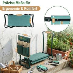 Sekey Höhenverstellbare Kniebank für Gartenarbeit Belastbarkeit 160KG, Gartenhocker Klappbar mit Werkzeugtaschen, Knie Komfort Garten, Grün