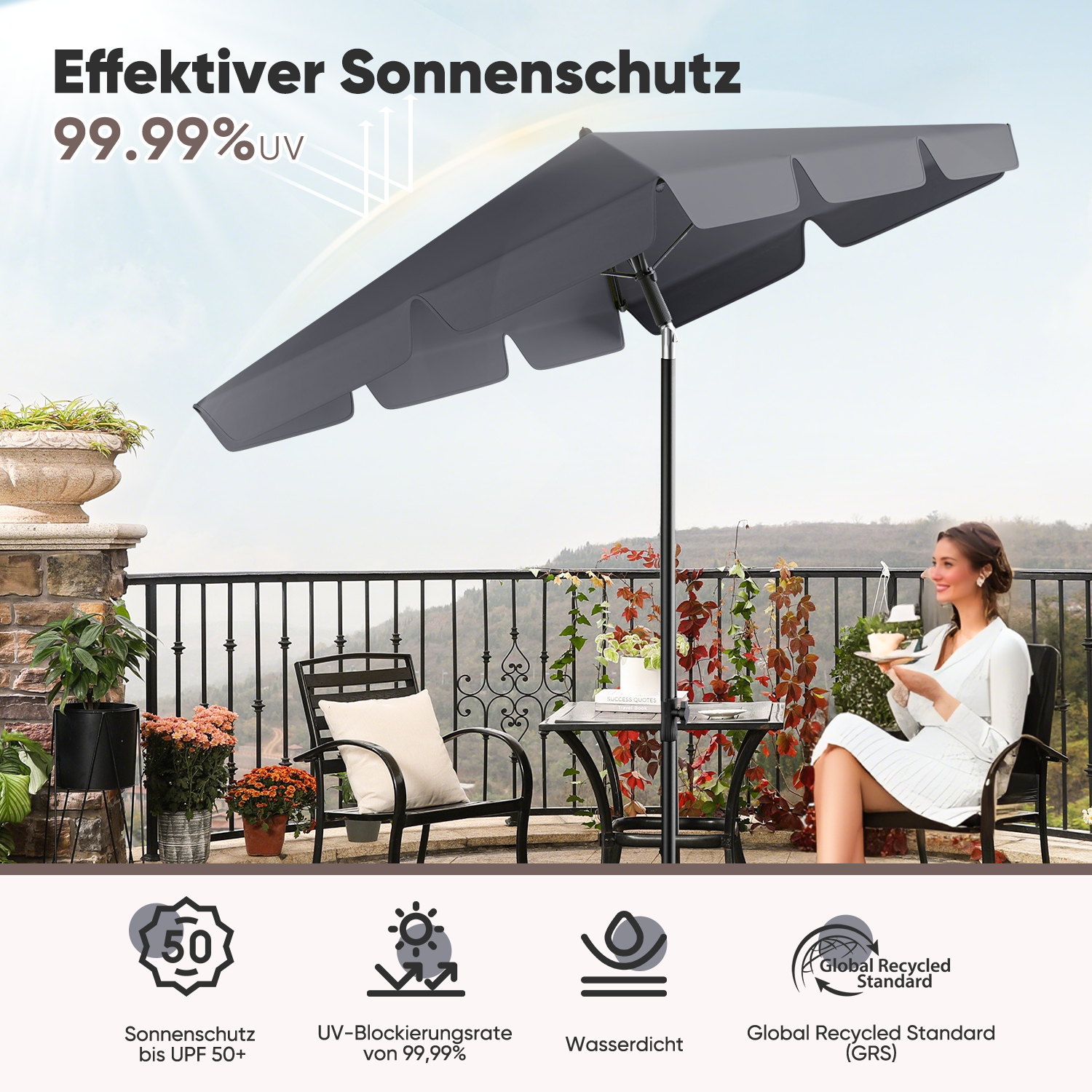 Sekey, 200x125 cm  Rechteckig Balkon Sonnenschirm, mit Schutzhülle, Sonnenschutz UV 50+ Sekey