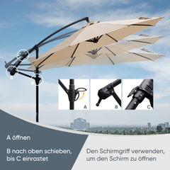 Sekey® Ampelschirm 300 cm mit Kurbel – UV50+ Sonnenschirm Gartenschirm, stabiler Alu-Marktschirm mit 8 Streben, Beige / Grau / Weiß