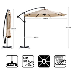 Sekey® Ampelschirm 300 cm mit Kurbel – UV50+ Sonnenschirm Gartenschirm, stabiler Alu-Marktschirm mit 8 Streben, Beige / Grau / Weiß