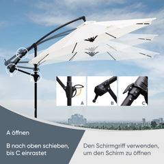 Sekey® Ampelschirm 300 cm mit Kurbel – UV50+ Sonnenschirm Gartenschirm, stabiler Alu-Marktschirm mit 8 Streben, Beige / Grau / Weiß