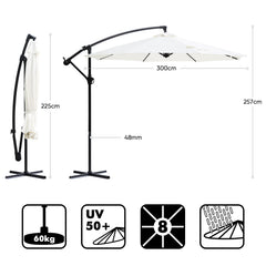 Sekey® Ampelschirm 300 cm mit Kurbel – UV50+ Sonnenschirm Gartenschirm, stabiler Alu-Marktschirm mit 8 Streben, Beige / Grau / Weiß