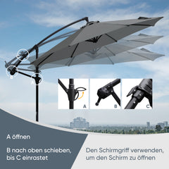 Sekey® Ampelschirm 300 cm mit Kurbel – UV50+ Sonnenschirm Gartenschirm, stabiler Alu-Marktschirm mit 8 Streben, Beige / Grau / Weiß
