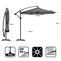 Sekey® Ampelschirm 300 cm mit Kurbel – UV50+ Sonnenschirm Gartenschirm, stabiler Alu-Marktschirm mit 8 Streben, Beige / Grau / Weiß