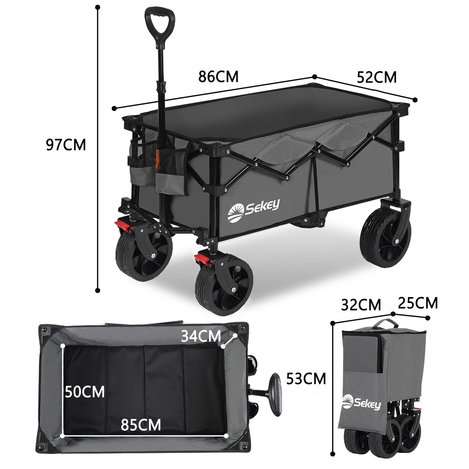 Sekey 4020 Faltbarer Bollerwagen 150kg mit Bremsen & Breitreifen – Robuster Handwagen für Gelände & Outdoor Sekey