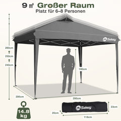 Sekey Pop Up Pavillon 3x3 m Wasserdicht & Winterfest – Faltpavillon mit One-Touch Aufbau, stabiler Gartenpavillon mit Belüftung, UV-Schutz 50+, Partyzelt inkl. Zubehör