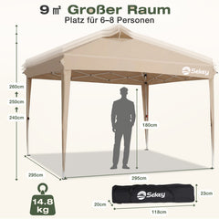 Sekey Pop Up Pavillon 3x3 m Wasserdicht & Winterfest – Faltpavillon mit One-Touch Aufbau, stabiler Gartenpavillon mit Belüftung, UV-Schutz 50+, Partyzelt inkl. Zubehör