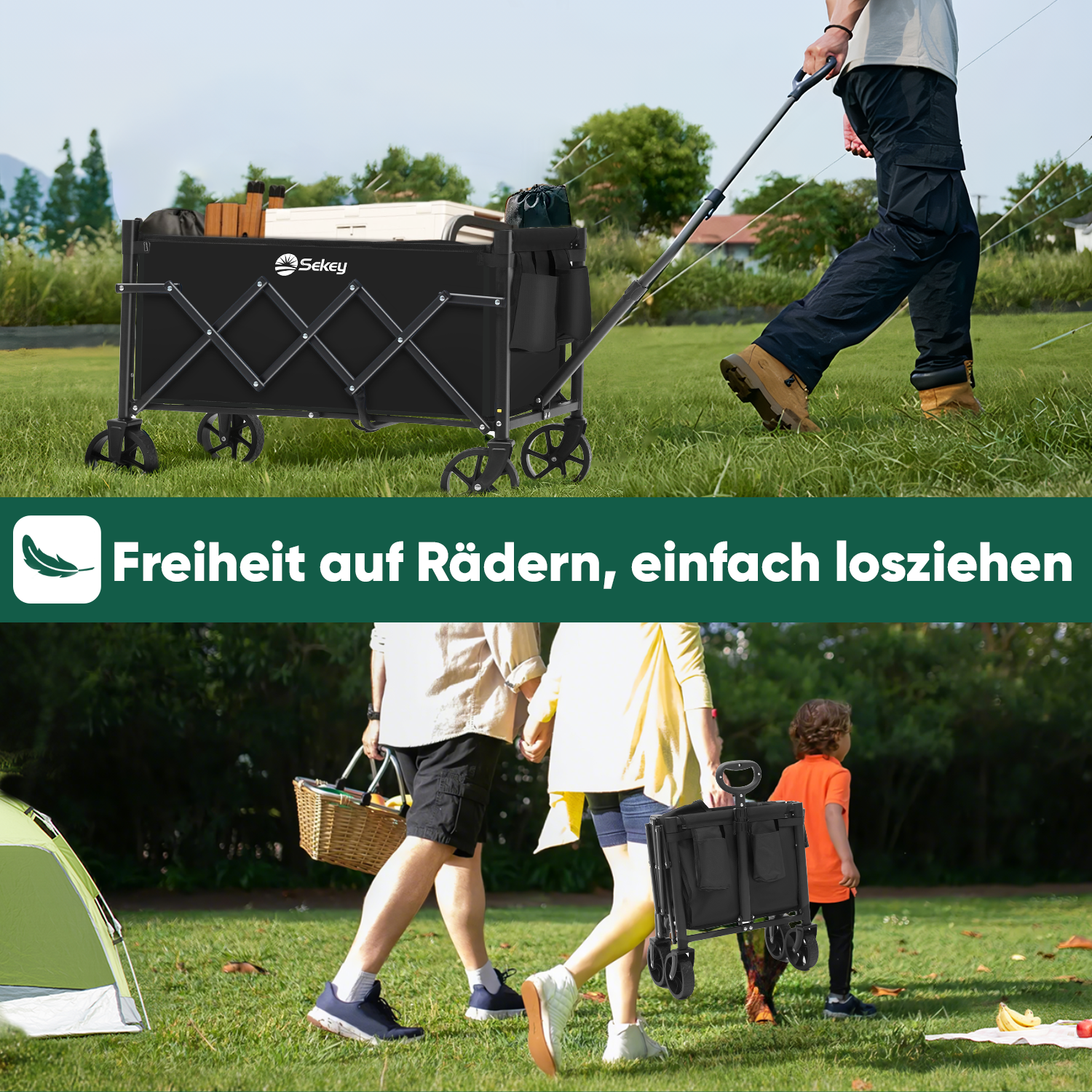 Sekey 4029 Klappbarer Bollerwagen mit Bremse – Platzsparender Handwagen für Ausflüge & Einkäufe Sekey
