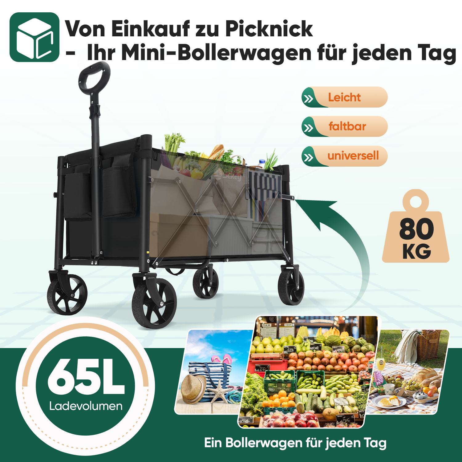 Sekey 4029 Klappbarer Bollerwagen mit Bremse – Platzsparender Handwagen für Ausflüge & Einkäufe Sekey