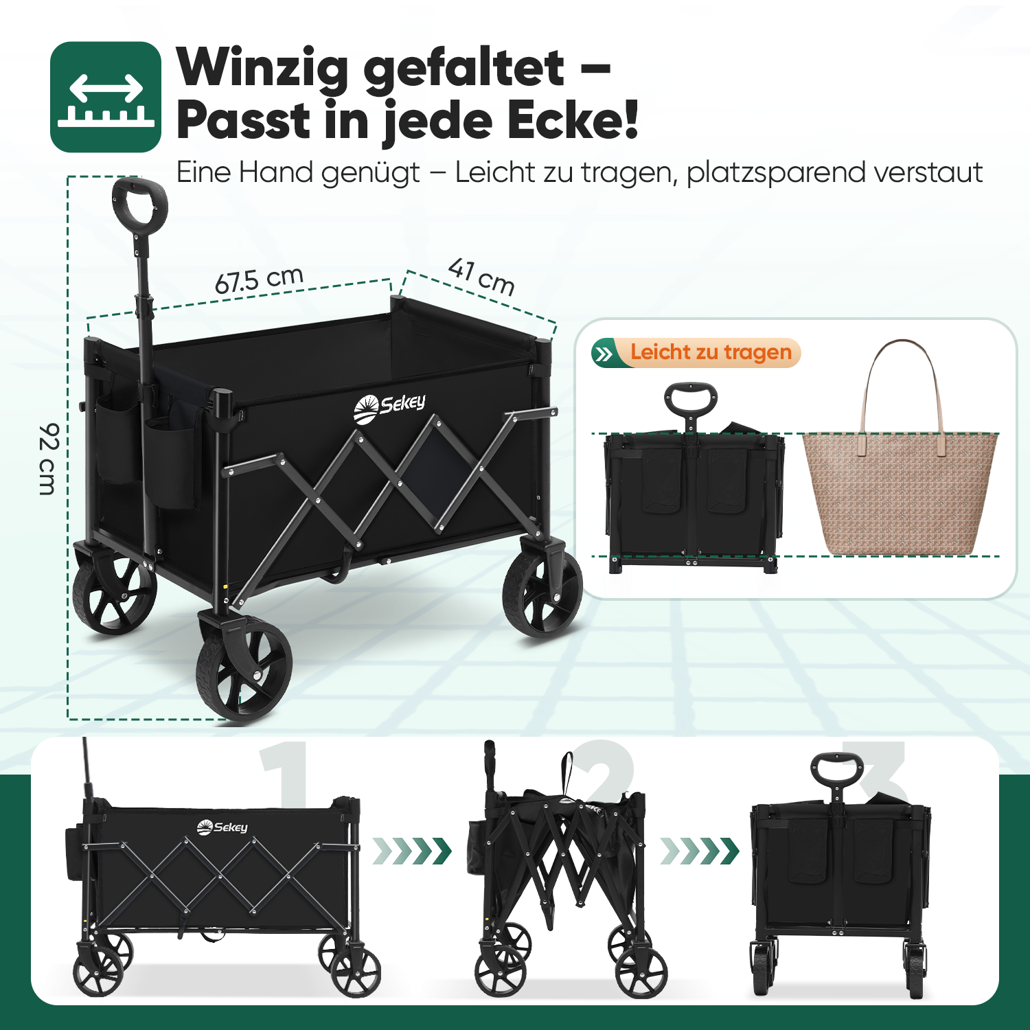 Sekey 4029 Klappbarer Bollerwagen mit Bremse – Platzsparender Handwagen für Ausflüge & Einkäufe Sekey