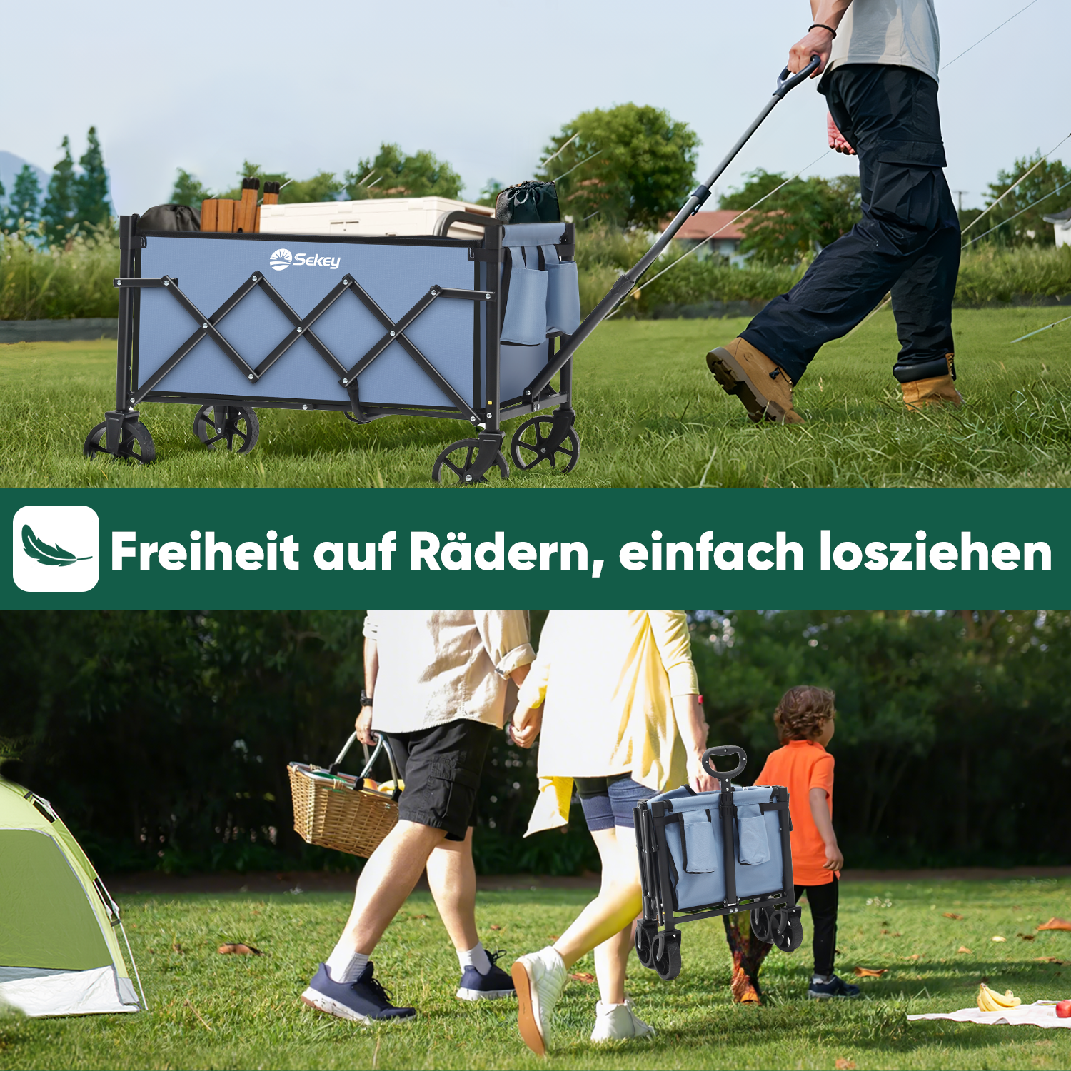 Sekey 4029 Klappbarer Bollerwagen mit Bremse – Platzsparender Handwagen für Ausflüge & Einkäufe Sekey
