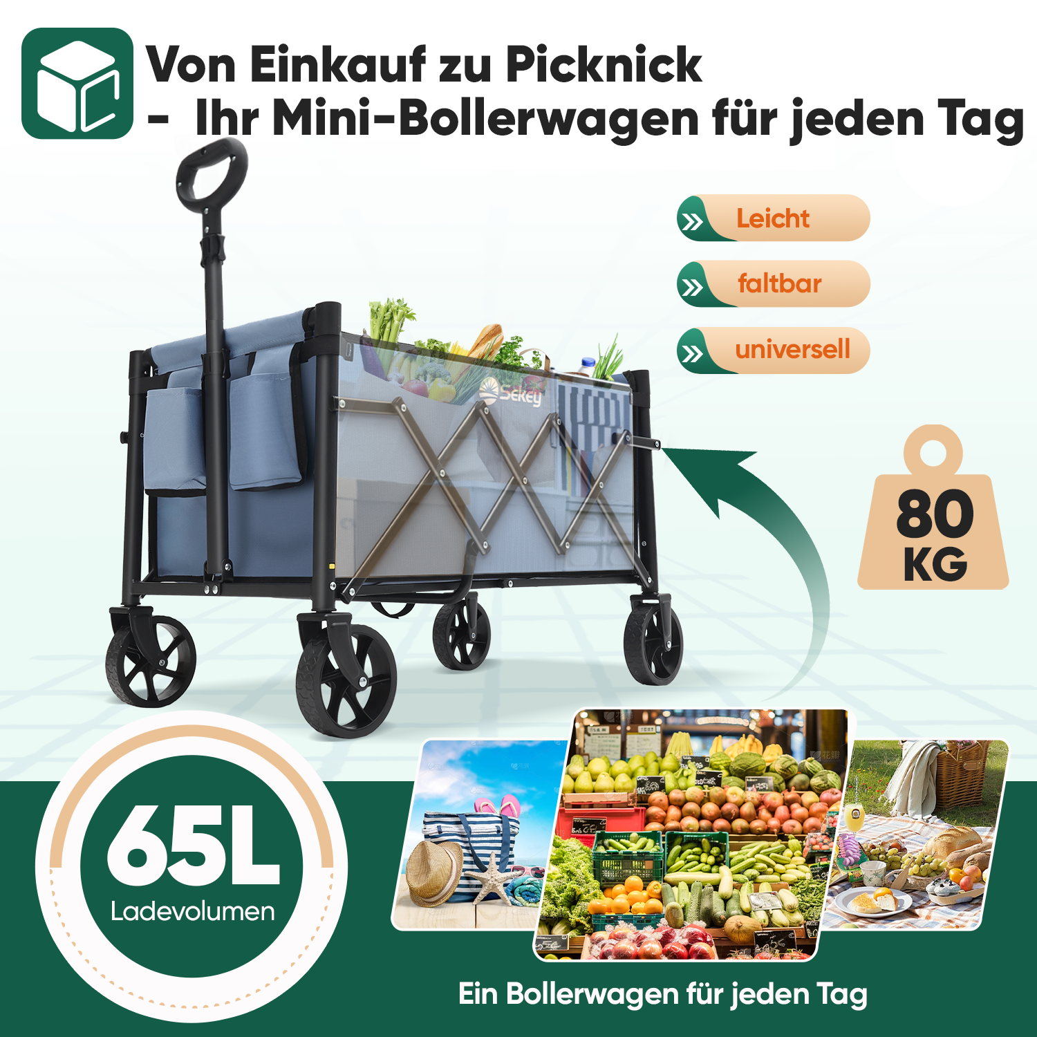 Sekey 4029 Klappbarer Bollerwagen mit Bremse – Platzsparender Handwagen für Ausflüge & Einkäufe Sekey