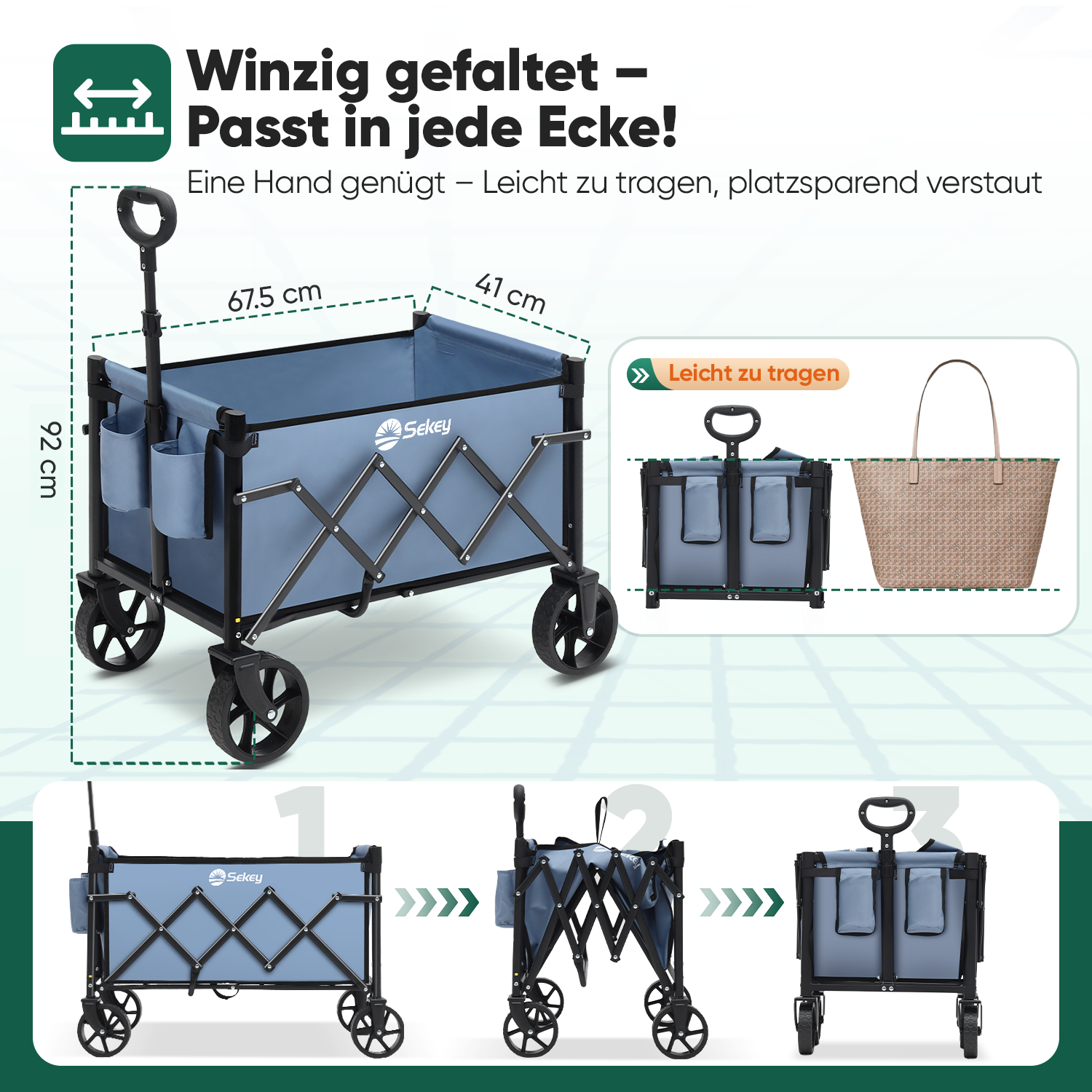 Sekey 4029 Klappbarer Bollerwagen mit Bremse – Platzsparender Handwagen für Ausflüge & Einkäufe Sekey
