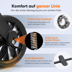 Sekey Bollerwagen Faltbar mit Dach für 1–2 Kinder, XXL PU-Räder mit Federung & Kugellager, Gepolstert & Komfortabel, Schiebe- und Ziehgriff, SS8080