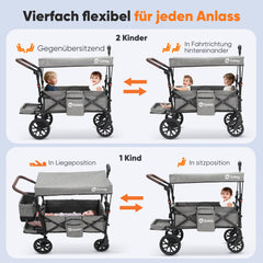Sekey Bollerwagen Faltbar mit Dach für 1–2 Kinder, XXL PU-Räder mit Federung & Kugellager, Gepolstert & Komfortabel, Schiebe- und Ziehgriff, SS8080