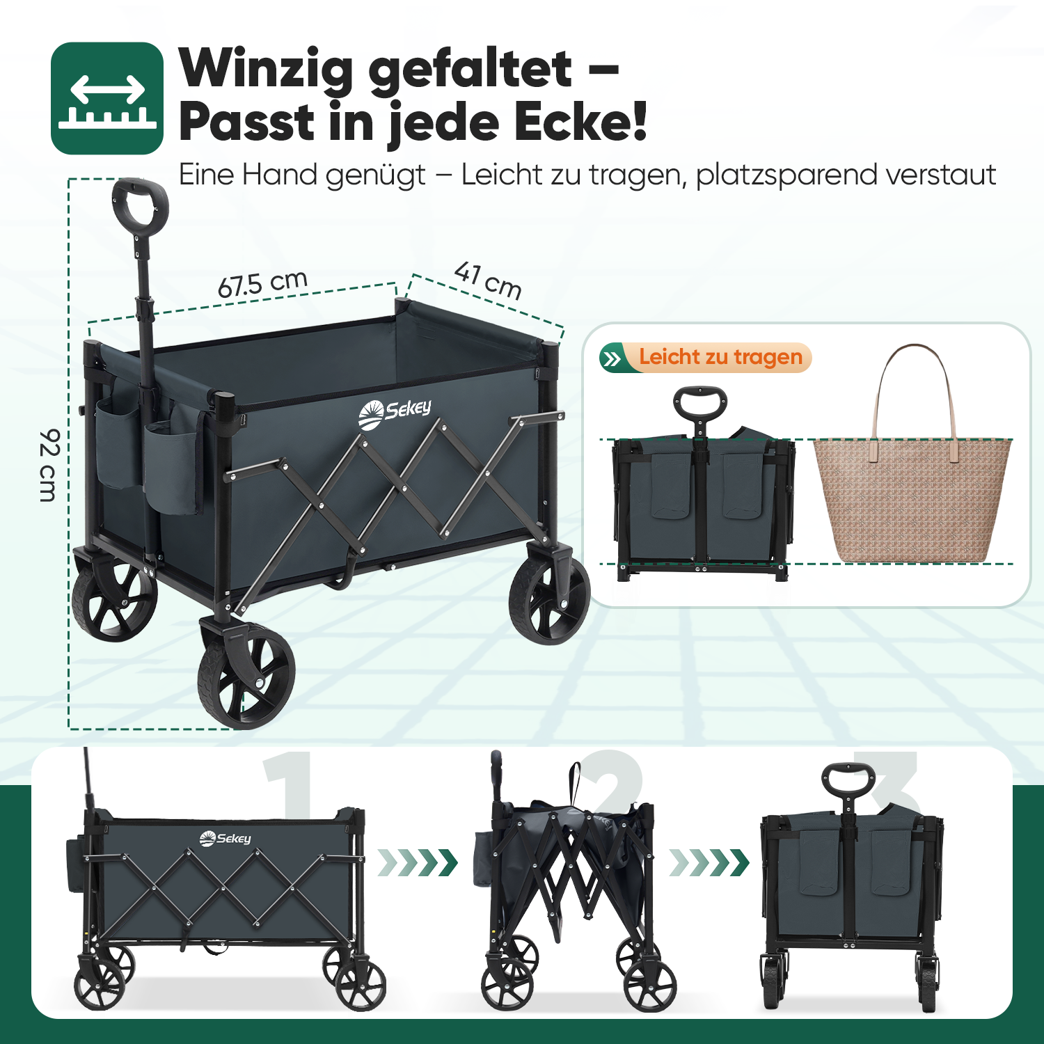 Sekey 4029 Klappbarer Bollerwagen mit Bremse – Platzsparender Handwagen für Ausflüge & Einkäufe Sekey