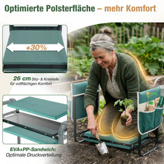 Sekey Höhenverstellbare Kniebank für Gartenarbeit Belastbarkeit 180KG, Gartenhocker Klappbar mit Werkzeugtaschen, Knie Komfort Garten, Grün