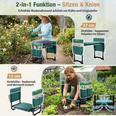 Sekey Höhenverstellbare Kniebank für Gartenarbeit Belastbarkeit 180KG, Gartenhocker Klappbar mit Werkzeugtaschen, Knie Komfort Garten, Grün